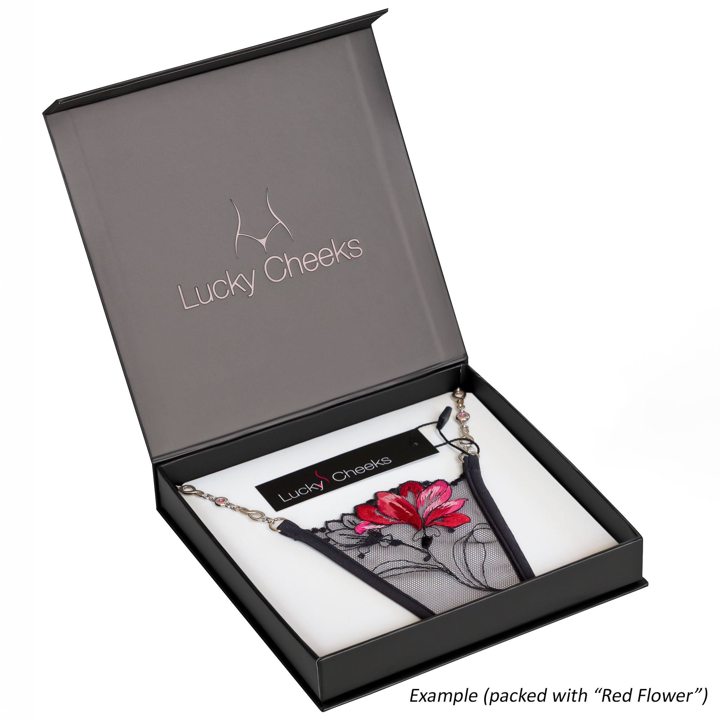 Geschenkbox von Lucky Cheeks mit Mini G-String Red Flower - Gift box from Lucky Cheeks with mini G-string Red Flower