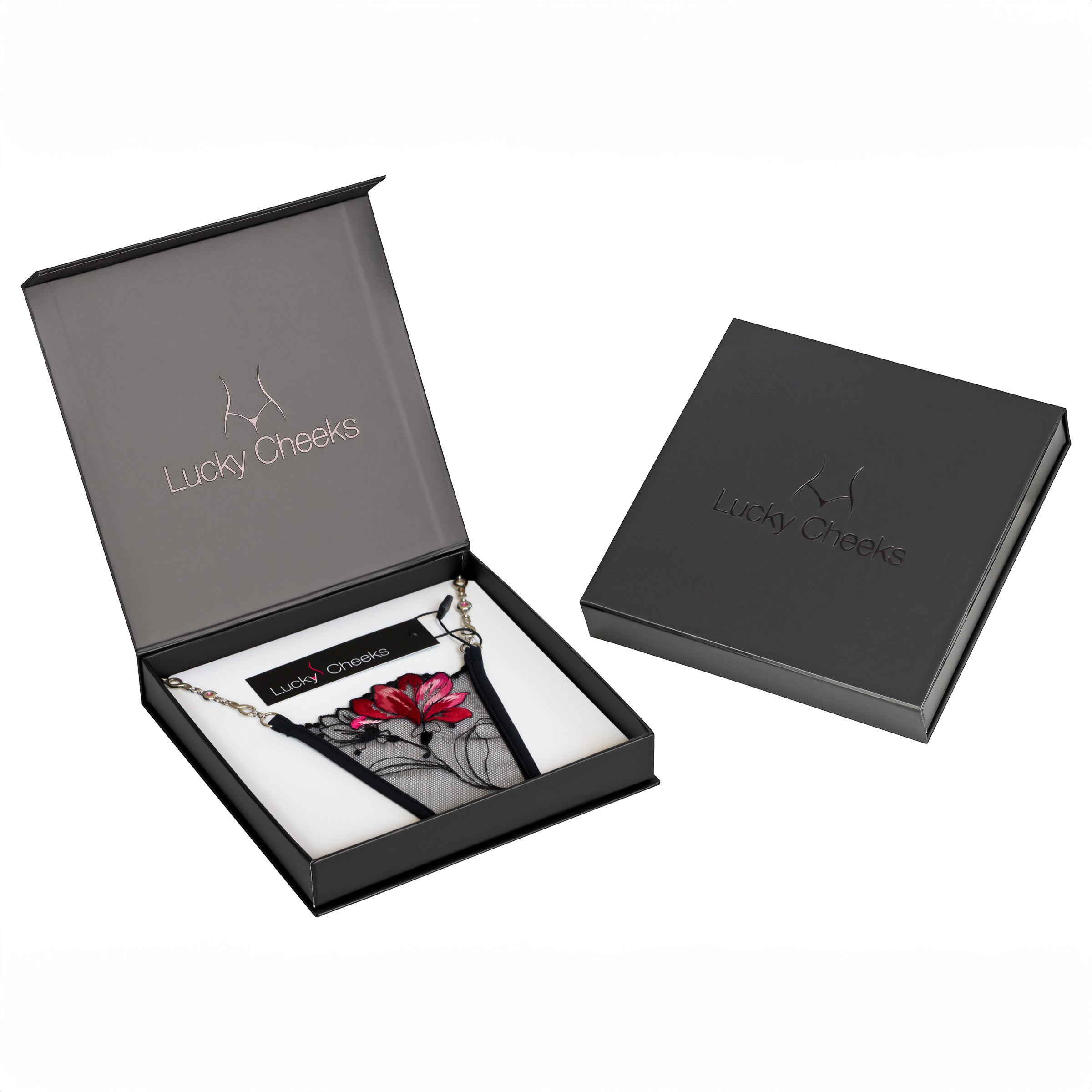 Mini Tanga schwarz mit Spitze - Lucky Cheeks sexy Dessous mit Geschenkbox - Mini thong - Lucky Cheeks see through lingerie with giftbox