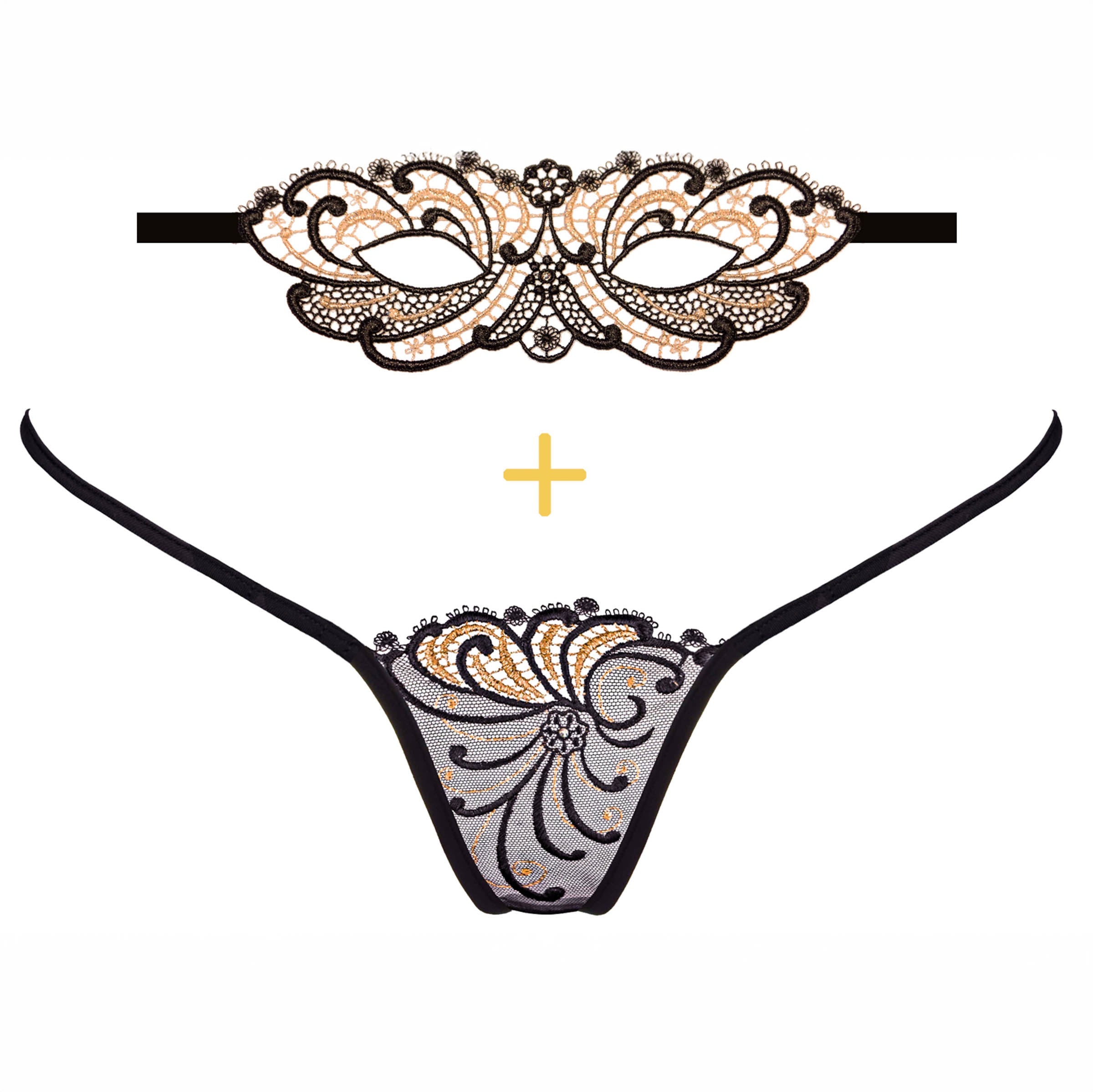 Dessous Set Golden Diamond G-String mit sexy Maske - Lucky Cheeks - Lingerie set g string with mask