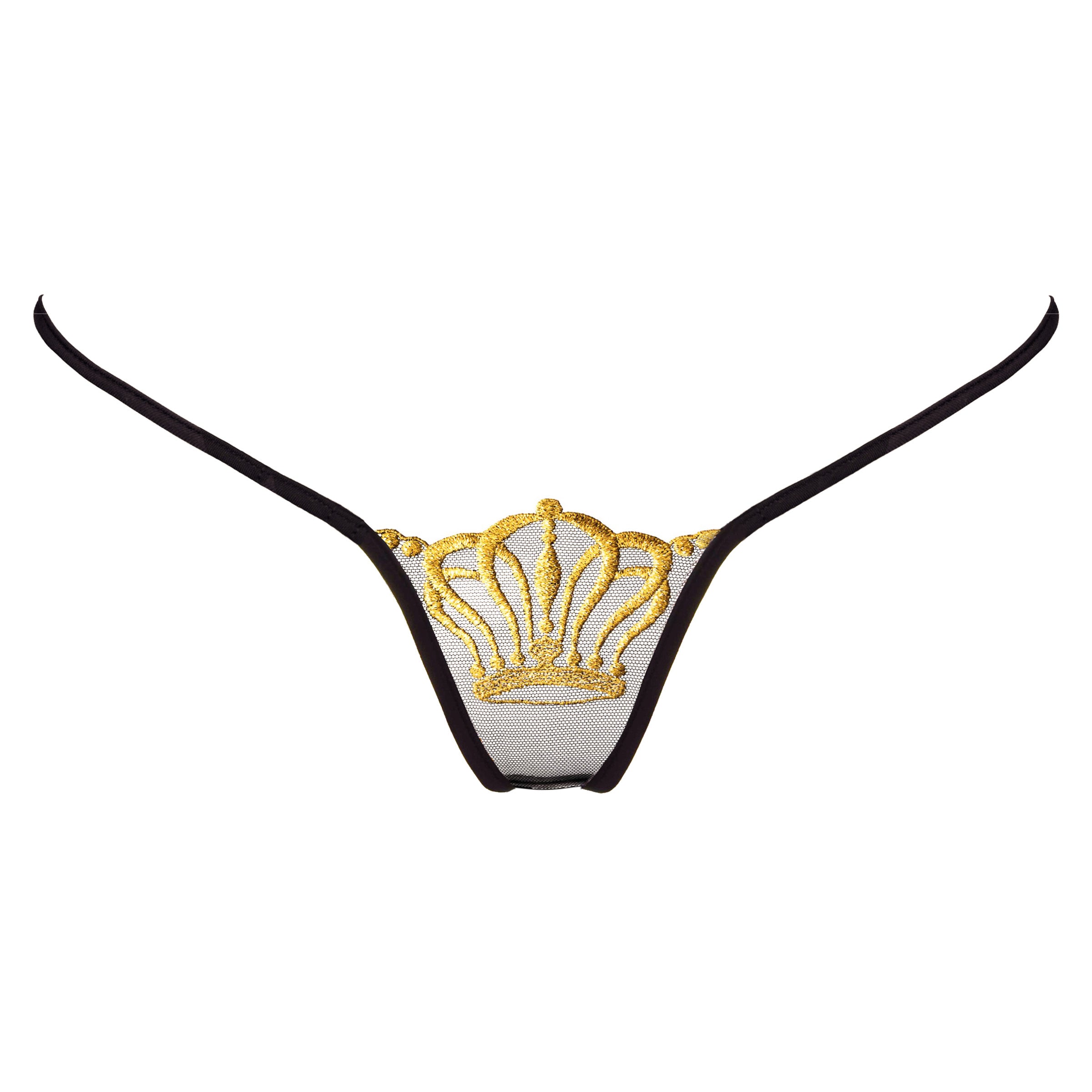 Transparenter String schwarz mit goldener Krone - Lucky Cheeks see through Lingerie - Black sheer thong with gold crown
