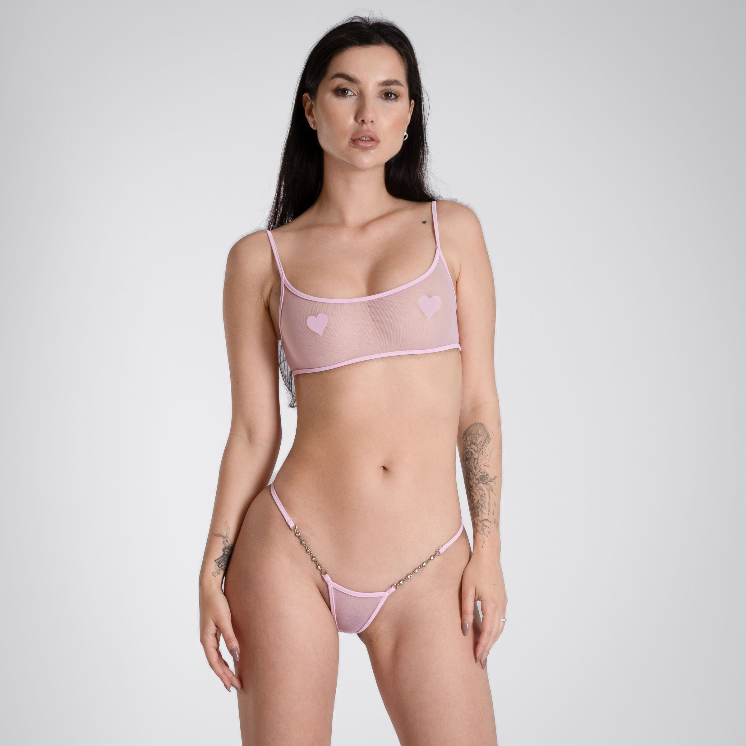 Dessous Set transparent mit Bralette und String - Lucky Cheeks rosa Dessous - sheer lingerie set with bra top and thong