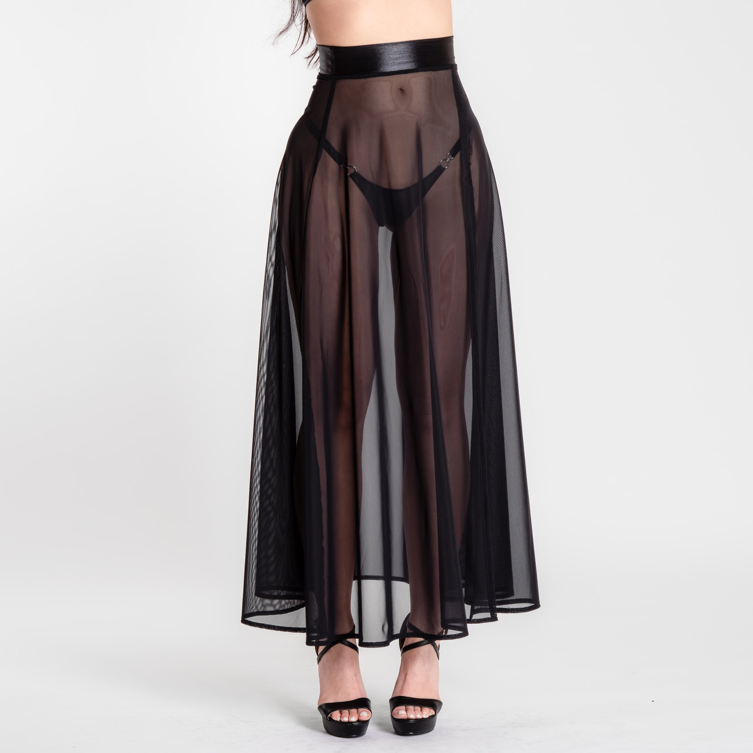 Schwarzer Mesh Maxi Rock transparent, gerader Fall mit hohem Bund und sinnlicher Lingerie-Optik
