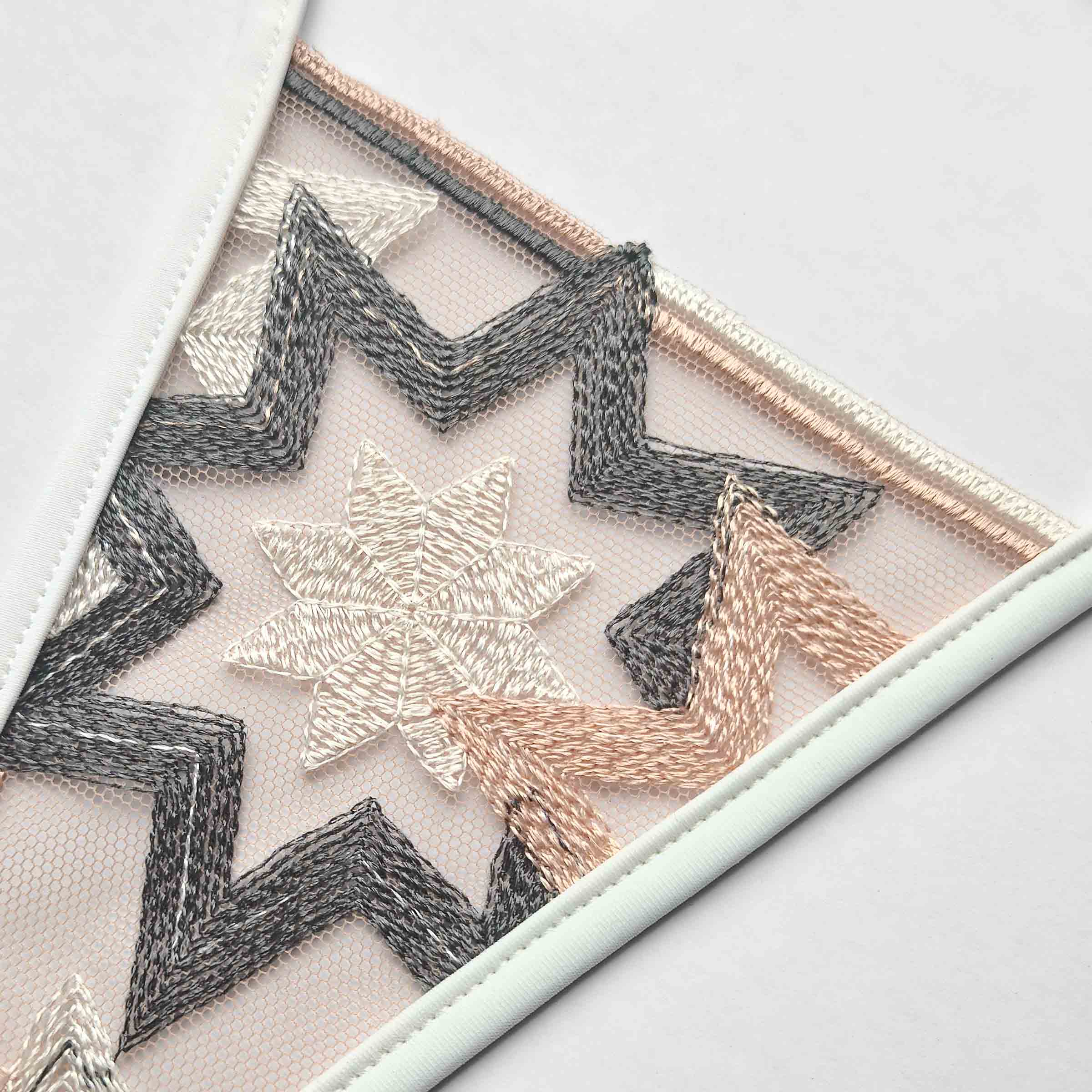 Detailansicht: nude Tüll mit green & copper star embroidery; transparenter Mini-Triangle, white straps