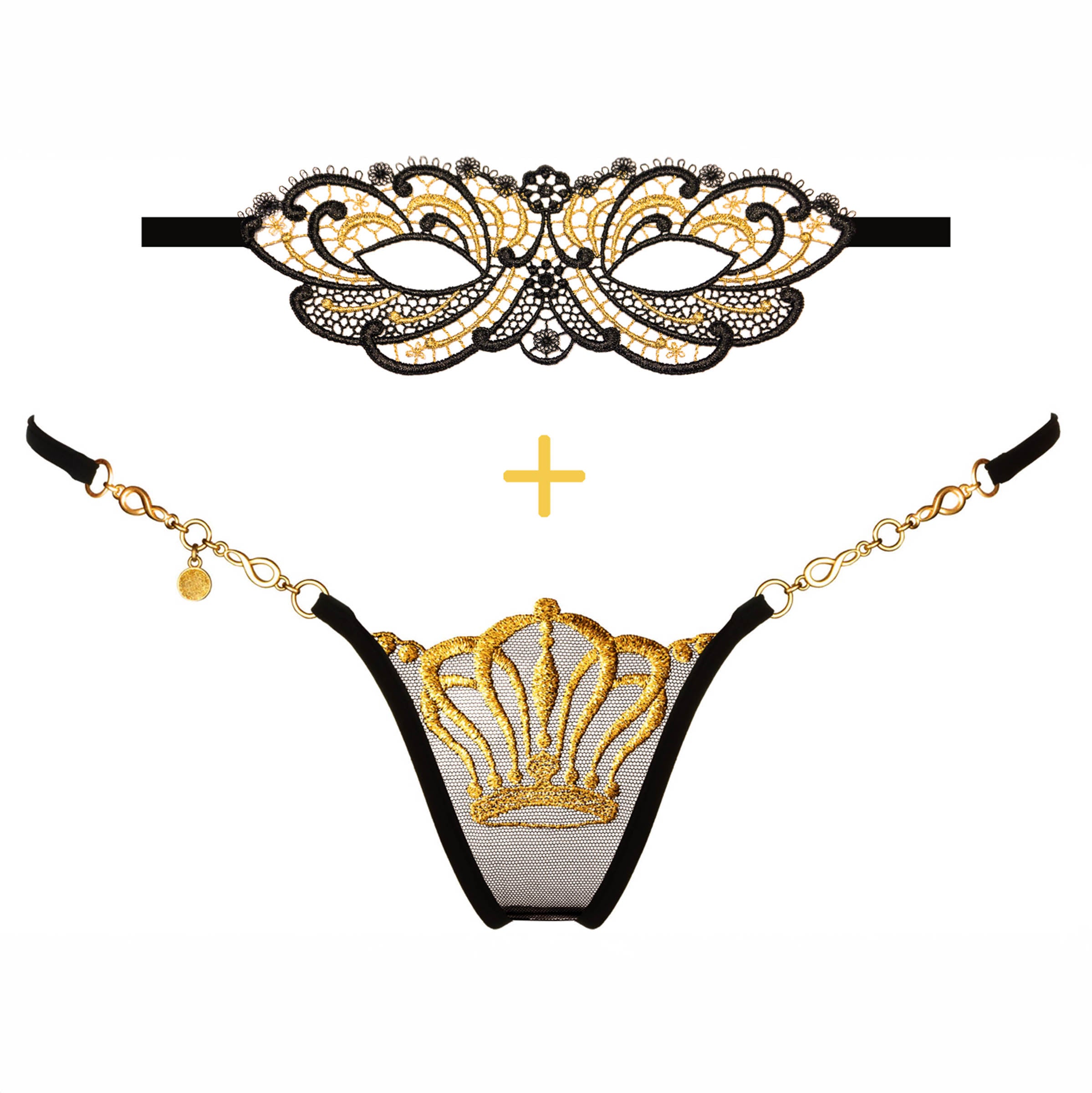 Dessous Set Mini String mit Maske gold schwarz - Lucky Cheeks - Lingerie Set thong with mask gold black
