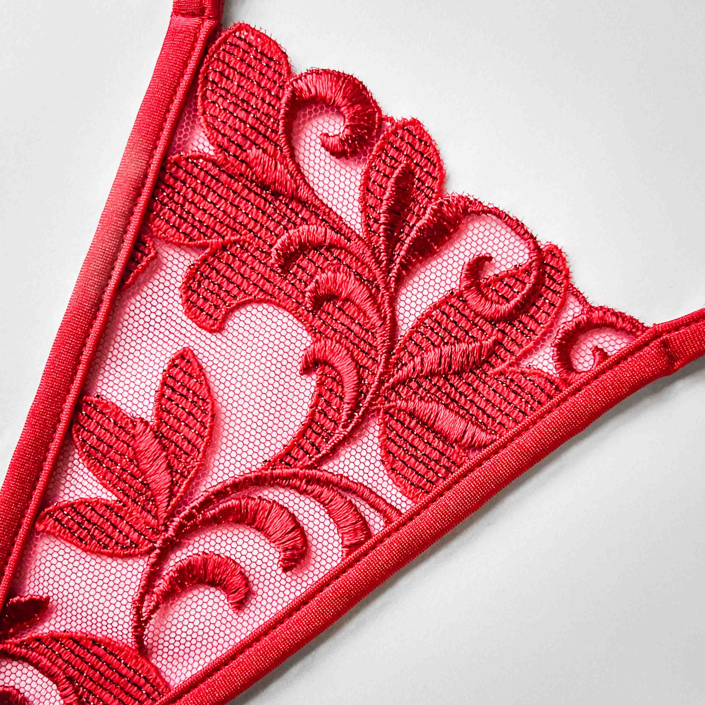 roter String Stickerei  - red thong embroidery - Lucky Cheeks Luxus Dessous - see through lingerie