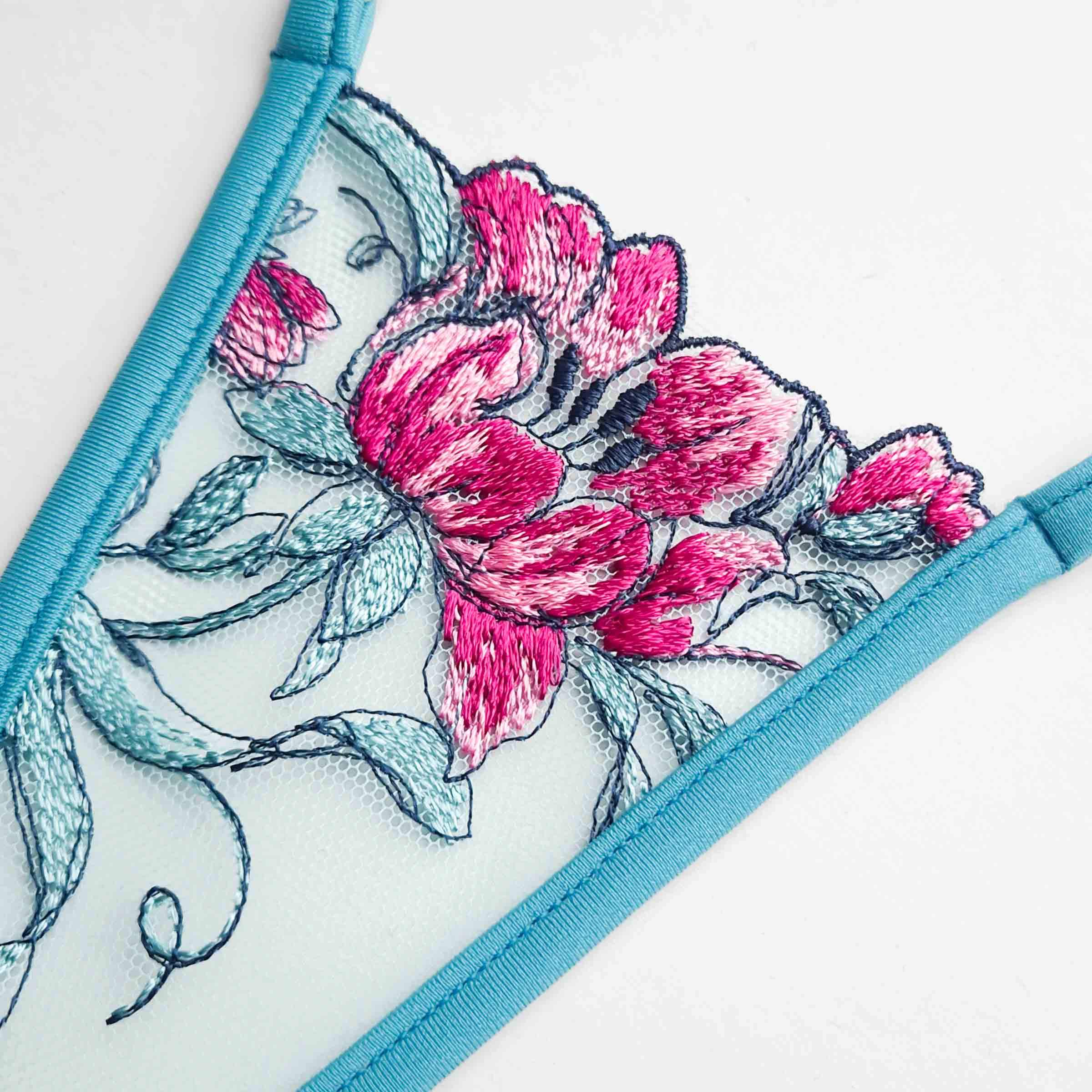 Nahaufnahme: string embroidery turquoise pink - Stickerei türkis pink