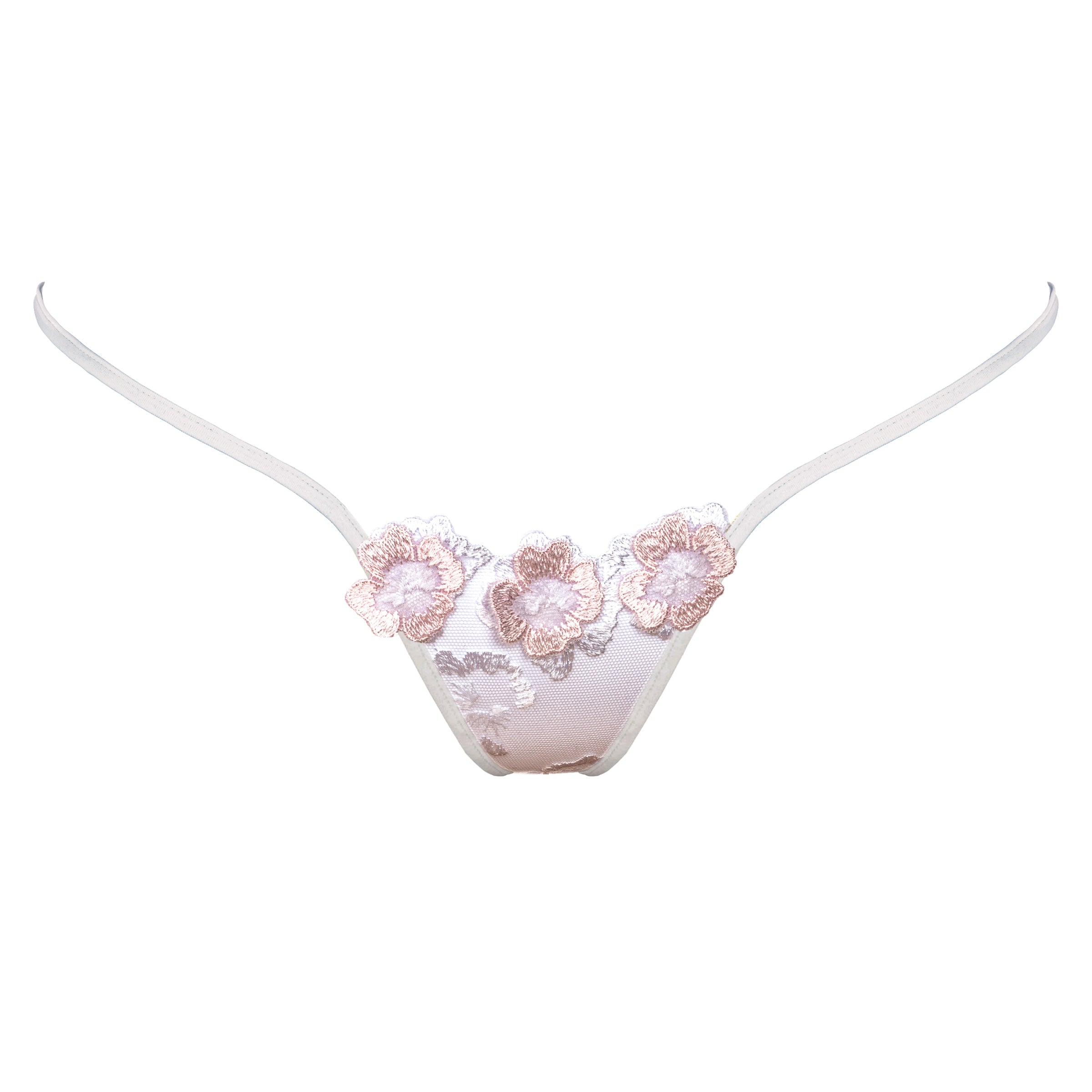 Mini Tanga weiß mit rosa Blumen - Lucky Cheeks Dessous - micro thong white with flowers - sheer lingerie