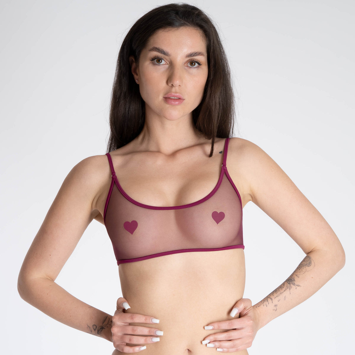 Transparent Deep Purple Mesh Bralette aus feinem Tüll mit zarten Trägern und elegantem, femininem Schnitt von vorne.